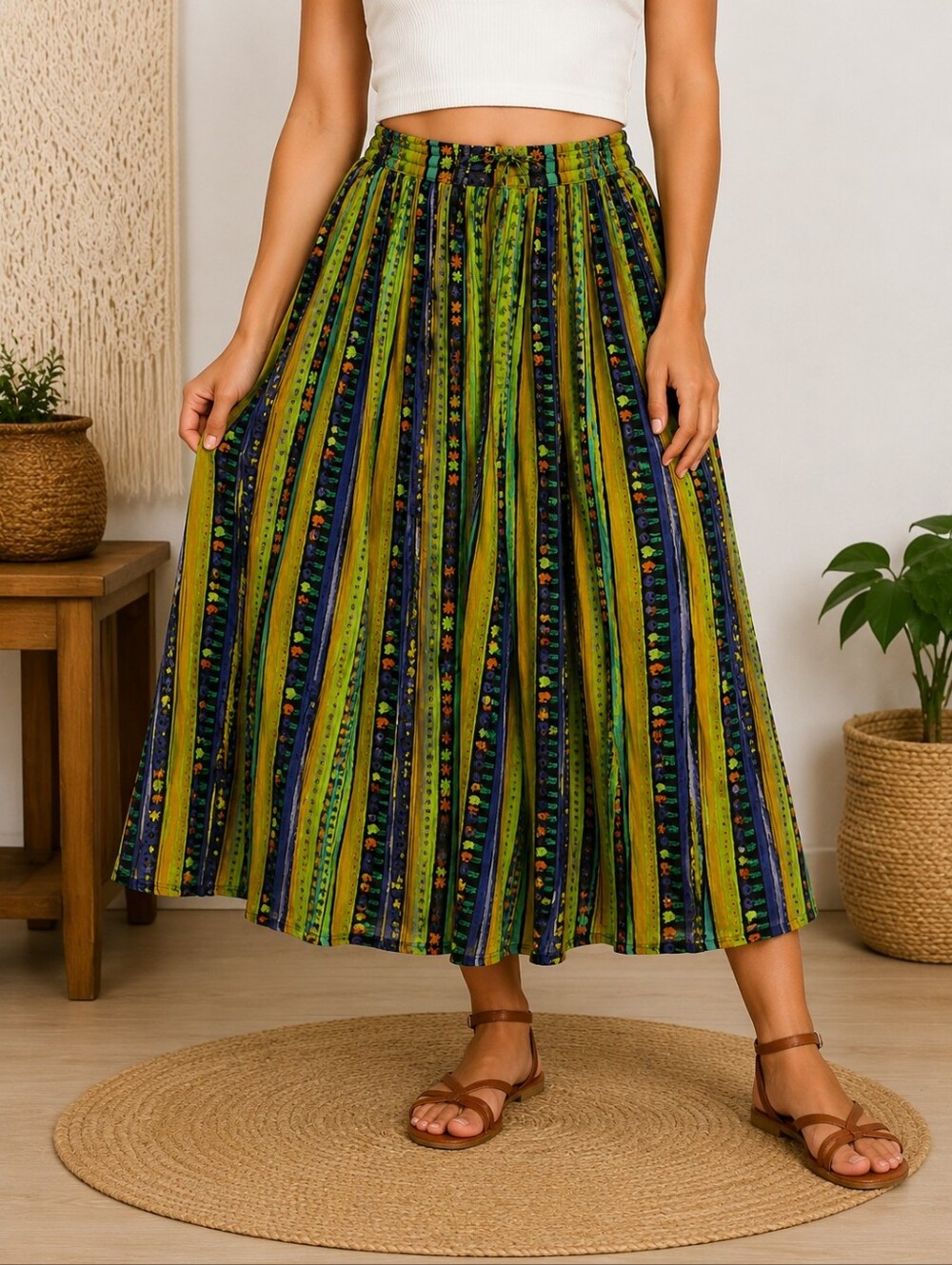 Revue India Cotton Boho Midi Maxi Skirt One Size Adjustable Waist Floral Print